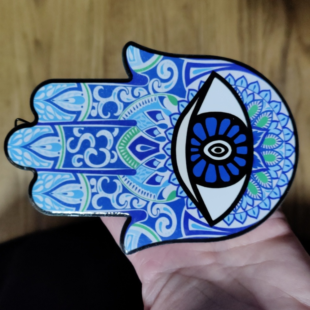 Hamsa Hand porcelain size 4 inches across and 5.75 blue and white